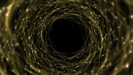 Wave form tunnel including dark army green dots and lines on dark background. Motion graphic..