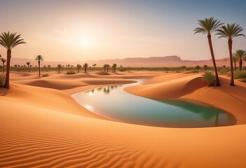 Traces of a caravan and a person on the sand in the hot Sahara, an oasis with palm trees and a lake...