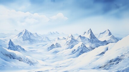 A snowy mountain range against a clear blue sky landscape watercolor Generative AI