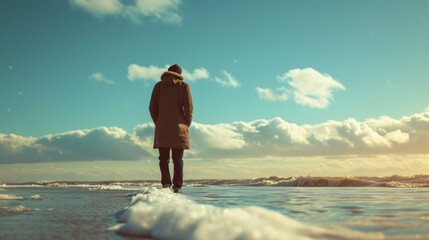 Conceptual image of a man strolling along the seashore, hands in pockets, with a calm and serene expression Generative AI