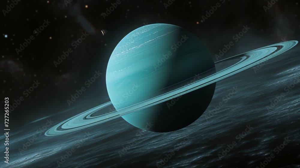 Poster conceptual image of uranus, showcasing its pale blue-green coloration and rings from a unique angle 