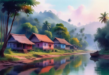 Fototapeta premium Cozy authentic Indian village, houses against a background of green forest and mountains, mural for room design,
