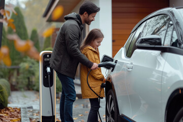 Obraz premium Progressive young parents and daughter with electric vehicle and home charging station. Green and clean energy from electric vehicles for healthy environment. Eco power from renewable source at home..