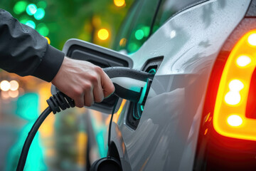 Hand inserting EV charging plug to electric vehicle in focus shot with blurred background of outdoor natural greenery.