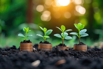 Coins and plants are grown on a pile of coins for finance and banking. The idea of saving money and increasing finances.. - Powered by Adobe