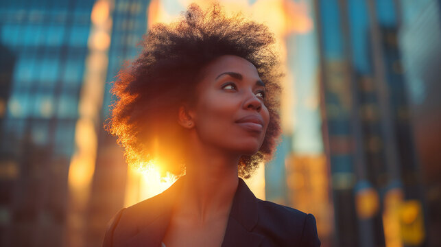 Woman Looking Up at the Sky in a City