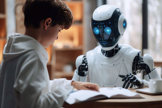 A Boy studies with the help of a Robot Teacher. Robot and Human Collaboration Concept.