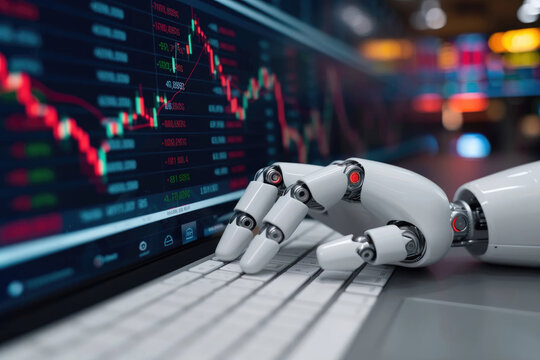 Robotic hand analyzing financial data on stock exchange, artificial intelligence utilization to predict precise price change in stock market.