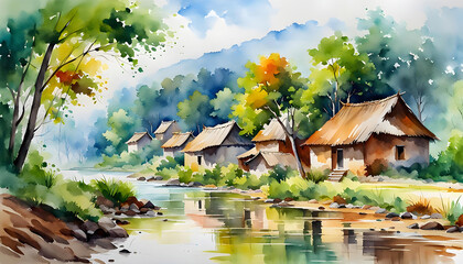 Beautiful watercolor of Indian village, houses against green forest background, watercolor painting, mural for room design, - obrazy, fototapety, plakaty