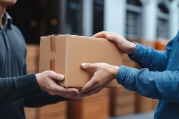 Close up shot of A Home delivery service and working service mind. Man customer hand receiving a cardboard boxes parcel from delivery service courier