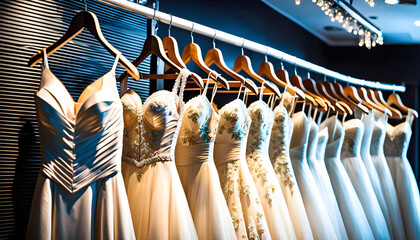 Photograph of elegant wedding dresses hanging on hangers in a luxury store, wedding dress in the showroom of a bridal boutique, preparing the bride for the wedding