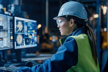 Female engineer works in the control post of a power plant, monitoring the safety of the plant. - obrazy, fototapety, plakaty