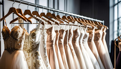 Photograph of elegant wedding dresses hanging on hangers in a luxury store, wedding dress in the showroom of a bridal boutique, preparing the bride for the wedding - Powered by Adobe