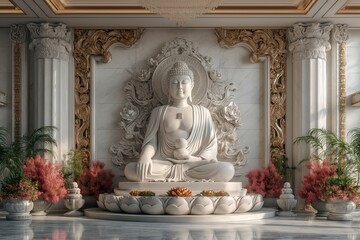 Buddha statue in white marble, with flower offerings around it.