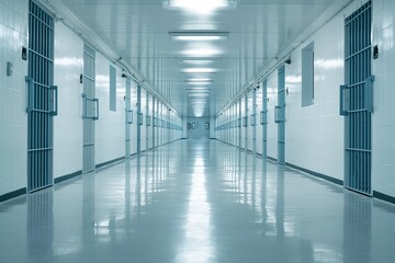 A sad but clean hallway in a prison, on either side cells with shiny bars, with no one in sight.