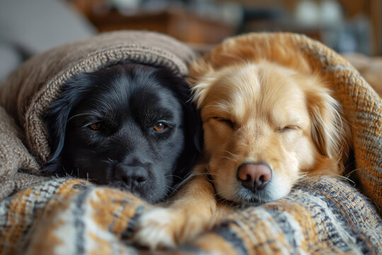 Two dogs, inseparable companions, take a nap under a blanket.