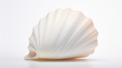 A close-up shot of a white seashell against a spotless white background