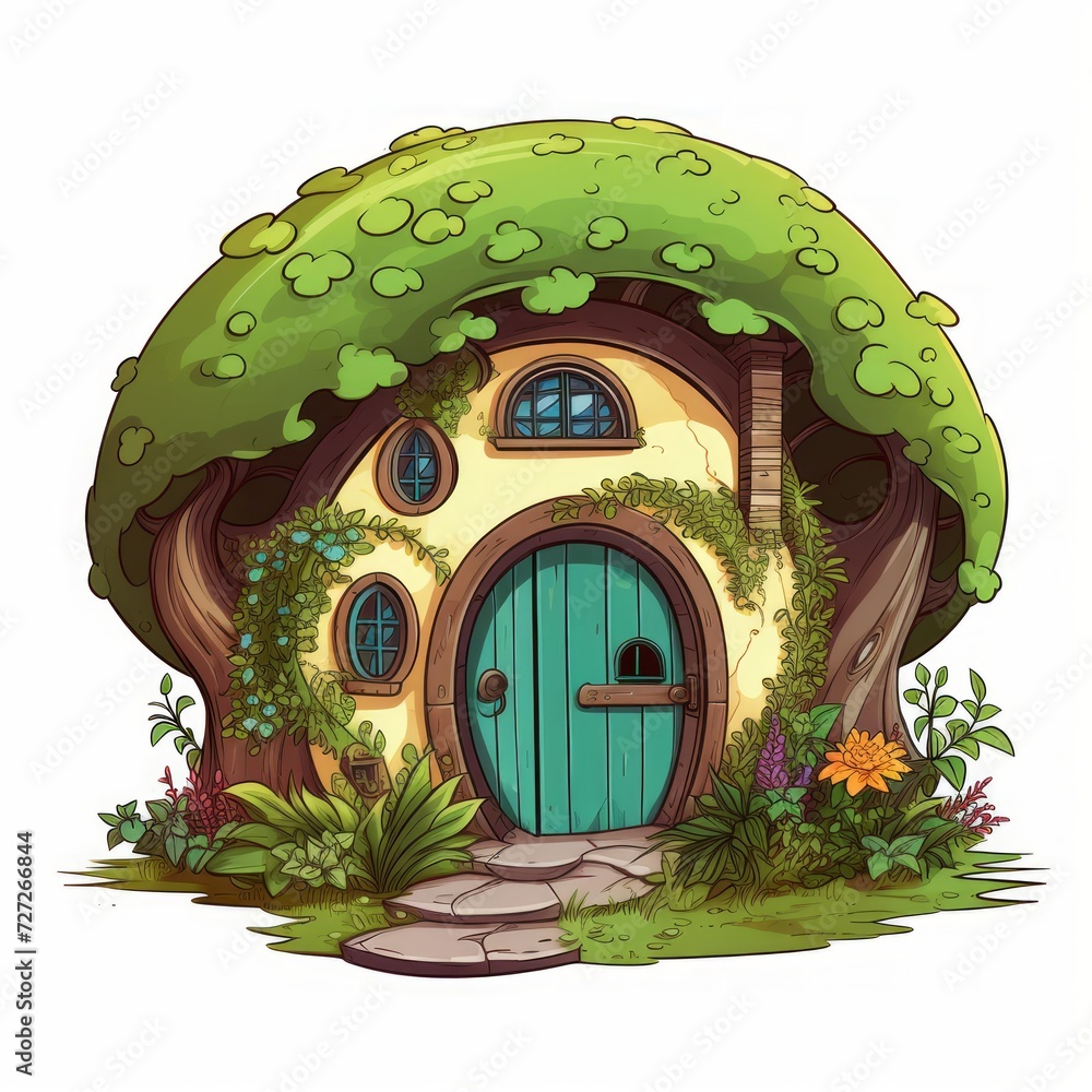 Poster a storybook-like house showcasing a round door and a slanted roof covered in foliage. generative ai