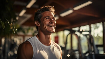 Cheerful fitness instructor of European descent laughing during a workout session at the gym