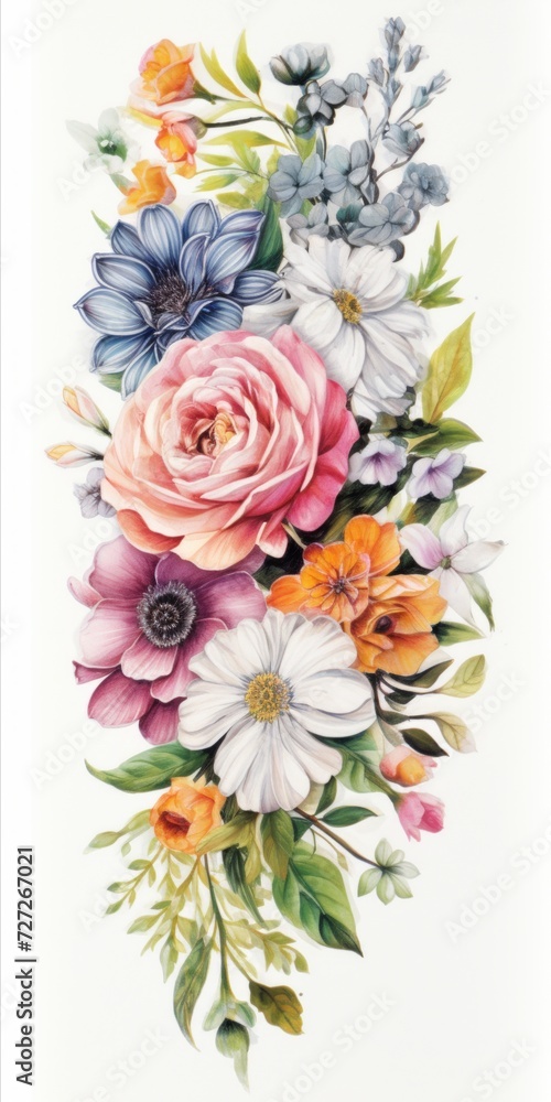 Poster a stunning bouquet featuring a blend of brightly colored flowers, set against a simple white surface