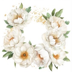 Cute White Peony Flower Wreath Clipart, with golden glitter, watercolor painting, minimal hand drawn style, textured, vector, white background, no background, 32k uhd, isolated, ultra high detailed