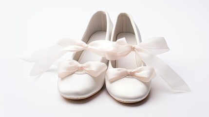 A pair of white ballet pointe shoes with delicate ribbons isolated on white on a clean pure spotless white surface