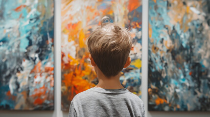 Young Boy Observing Paintings in Art Gallery