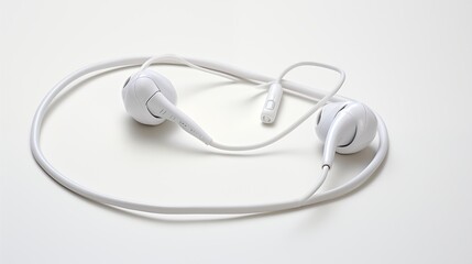 A pair of white earphones neatly coiled on a pristine white surface