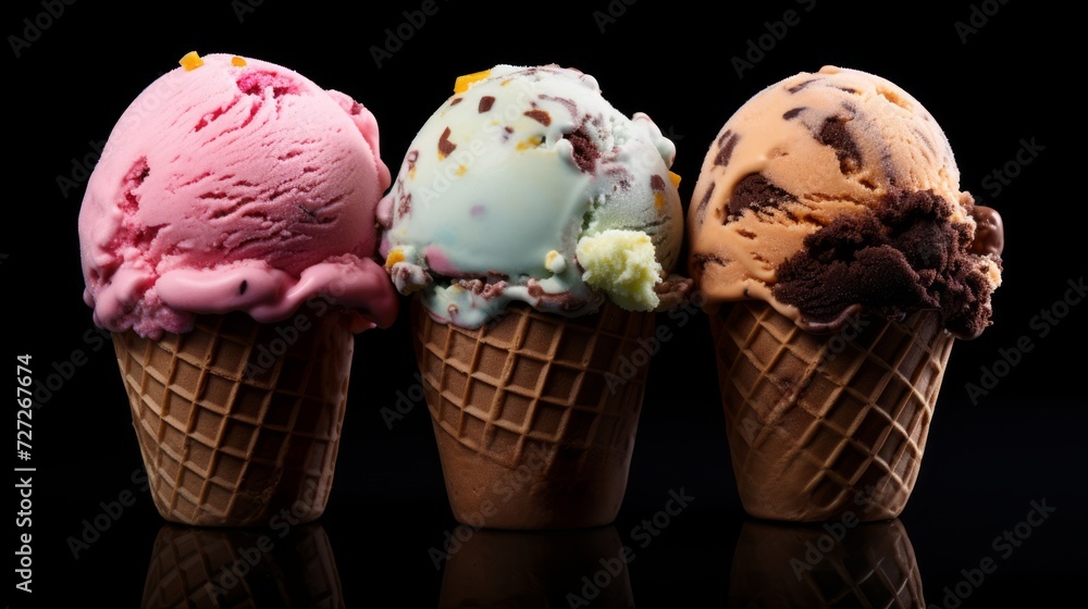 Poster a trio of rocky road ice cream scoops captured in a close-up realistic photo against a white backgro