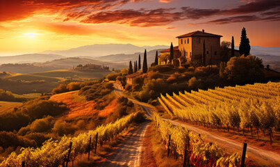 Breathtaking Sunset Over Lush Tuscan Vineyards with Rolling Hills, Historic Italian Architecture and Vibrant Autumn Foliage - obrazy, fototapety, plakaty