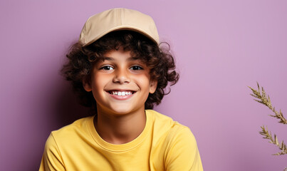 Radiant young boy with curly hair wearing a yellow shirt and beige cap, joyfully smiling against a...