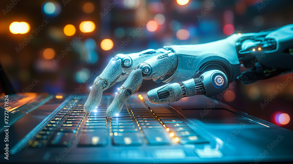Poster cybernetic robotic hand interacting with a laptop keyboard, depicting advanced ai technology and aut