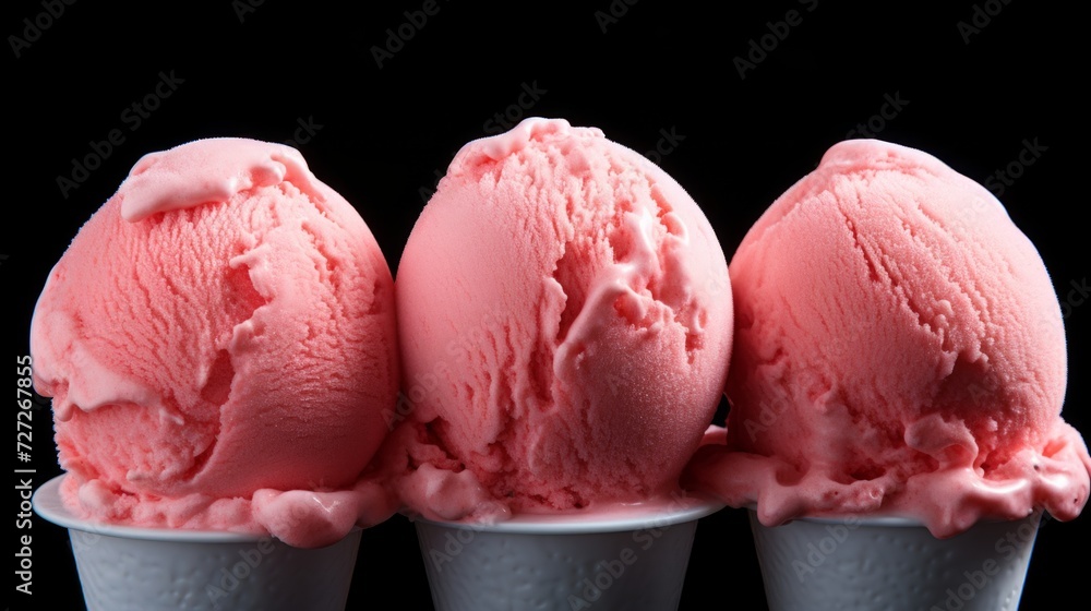 Poster a trio of strawberry ice cream scoops captured in a close-up realistic photo against a white backgro