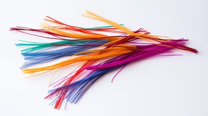 A set of colorful kite strings neatly coiled on a clean pure spotless white background