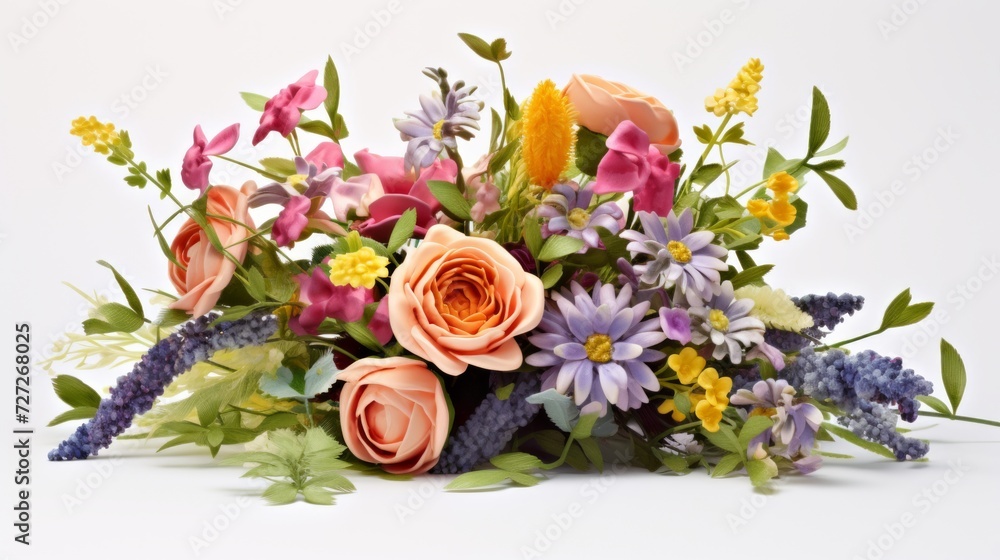 Poster a vibrant bouquet of assorted flowers arranged elegantly on a white background, with ample space for