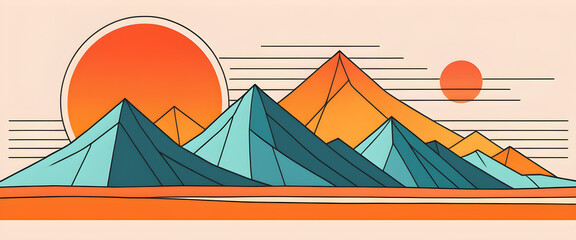 Serene Sunset Over Stylized Mountain Range With Pastel Color Palette