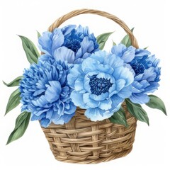 Cute Blue Peony Gift Basket Flower Clipart, watercolor painting, minimal hand drawn style, textured, vector, white background, no background, 32k uhd, isolated, ultra high detailed