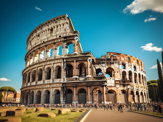 The Colosseum in Rome, Italy illuminated at night, capturing its ancient architectural beauty. - Powered by Adobe