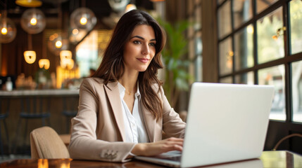 professional woman is sitting with a laptop