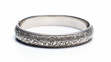 A single silver bracelet with intricate details isolated on white