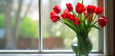 Red tulips on a windowsill with a garden view. The concept of spring and home comfort.