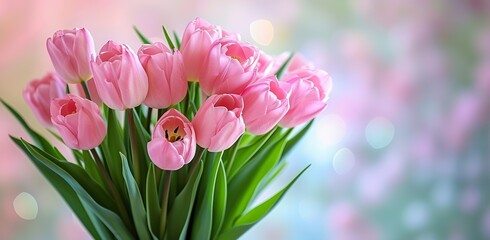 Pink tulips against a blurred colorful background. The concept of beauty and tenderness.