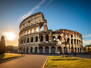 Fototapeta premium An aerial view of the iconic Colosseum in Rome, Italy, highlighting its impressive ancient architecture.