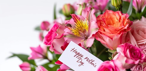 Flowers with a card that says "Happy Mother's Day". The concept of Mother's Day and gratitude.