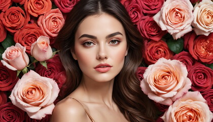 A close-up image capturing a young womans face surrounded by delicate pink roses, highlighting her natural beauty and the softness of the flowers