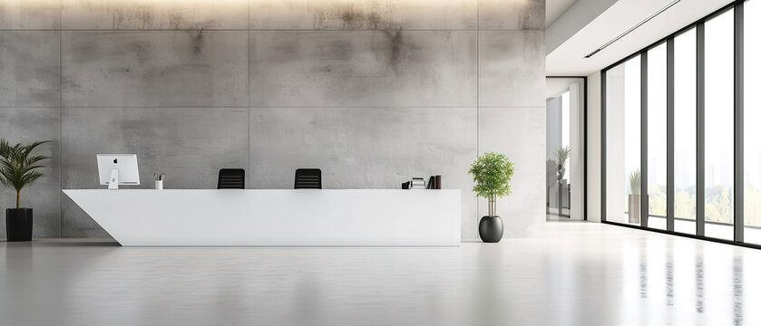 High quality image. Interior photography for interior magazine catalogue. Modern natural office interior design in white and black colors and empty concrete wall background