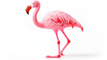 A single vibrant pink flamingo figurine isolated on white adding a touch of whimsy