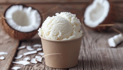 Coconut ice cream in a paper cup. The concept of natural desserts and summer.