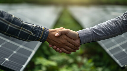 Two People Shaking Hands With Solar Panels in the Background