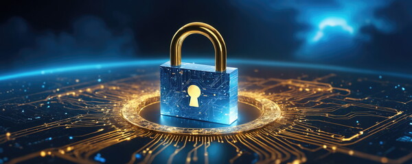 A luminous gold blue glowing padlock icon centered on a circuitry-patterned surface, representing the concept of digital security and data protection in the technological realm